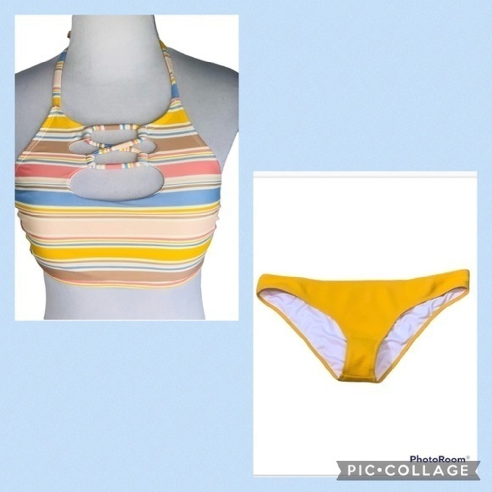 Hot Water Pastel Stipe Bikini Swim Top SP Shade & Shore Yellow Bottom S